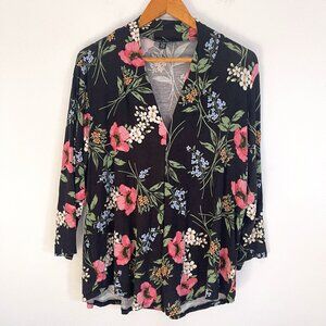 Cable & Gauge Woman Black Floral 3/4 Sleeve Pullover Blouse Top Size XL
